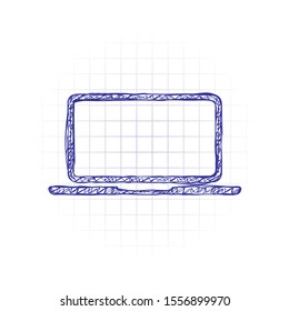 Laptop or notebook computer icon. Hand drawn sketched picture with scribble fill. Blue ink. Doodle on white background