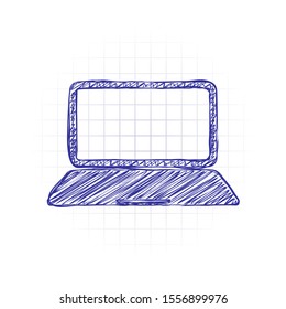 Laptop or notebook computer icon. Hand drawn sketched picture with scribble fill. Blue ink. Doodle on white background