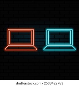 Laptop or notebook computer icon. Neon style. Light decoration icon. Bright electric symbol.orange.