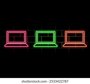 Laptop or notebook computer icon. Neon style. Light decoration icon. Bright electric symbol.pink.