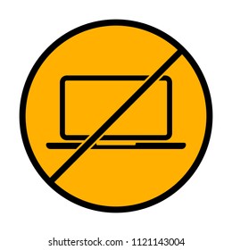 Laptop or notebook computer icon. not allowed, black object in warning sign with orange background color