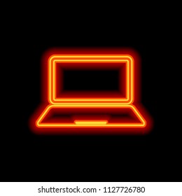 Laptop or notebook computer icon. Orange neon style on black background. Light icon