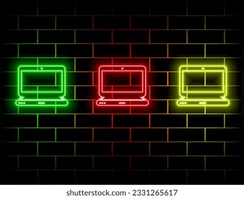 Icono de ordenador portátil o portátil. Estilo neón naranja sobre fondo negro. Icono de luz. Icono de gadget brillante. vector de signo de neón comprimido. muchos colores.