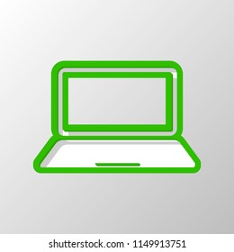 Laptop or notebook computer icon. Paper style. Cut symbol with green bold contour on shape and simple shadow