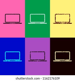 Laptop or notebook computer icon. Pop art style. Scratched icons on 6 colour backgrounds. 