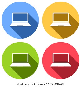 Laptop or notebook computer icon. Set of white icons with long shadow on blue, orange, green and red colored circles. Sticker style