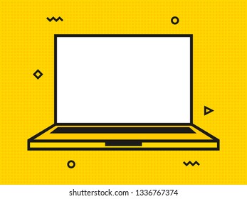 Laptop or notebook computer icon. Vintage retro typography with offset printing effect. Dots poster with comics pop art background.