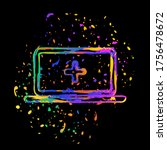 Laptop or notebook computer with medical cross on screen. Simple icon. Colored ink with splashes on black background