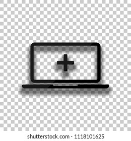 Laptop or notebook computer with medical cross on screen. Simple icon. Black glass icon with soft shadow on transparent background