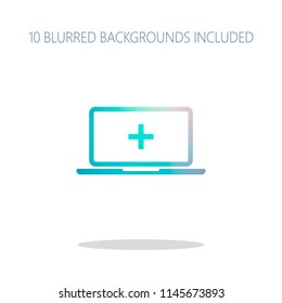 Laptop or notebook computer with medical cross on screen. Simple icon. Colorful logo concept with simple shadow on white. 10 different blurred backgrounds included