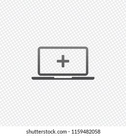 Laptop or notebook computer with medical cross on screen. Simple icon. On grid background