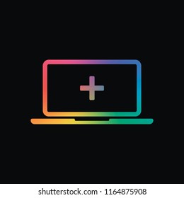 Laptop or notebook computer with medical cross on screen. Simple icon. Rainbow color and dark background