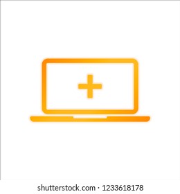 Laptop or notebook computer with medical cross on screen. Simple icon. Orange sign with low light on white background