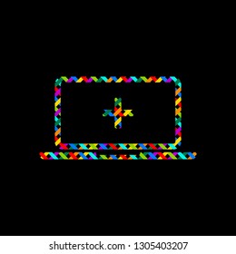 Laptop or notebook computer with medical cross on screen. Simple icon