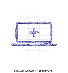 Laptop Or Notebook Computer With Medical Cross On Screen. Simple Icon. Hand Drawn Sketched Picture With Scribble Fill. Blue Ink. Doodle On White Background