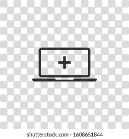 Laptop or notebook computer with medical cross on screen. Simple icon. Black symbol on transparency grid