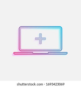 Laptop or notebook computer with medical cross on screen. Simple icon. Colored logo with diagonal lines and blue-red gradient. Neon graphic, light effect