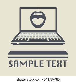 Laptop or notebook computer with Mouth icon or sign, vector illustration