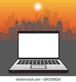 Ordenador portátil o portátil en el fondo del horizonte de la ciudad, concepto de negocio con pantalla vacía, ilustración vectorial