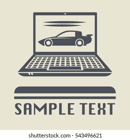 Laptop or notebook computer with Race car icon or sign, vector illustration
