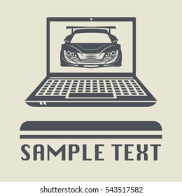 Laptop or notebook computer with Race car icon or sign, vector illustration