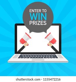 Laptop notebook computer screen. Hand holding megaphone. Enter to win prizes text in speech bubble. Vector stock illustration.