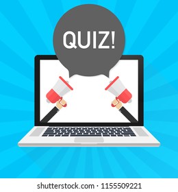Laptop notebook computer screen. Hand holding megaphone. Quiz! text in speech bubble. Vector stock illustration.