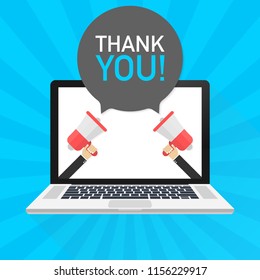 Laptop Notebook Computer Screen. Hand Holding Megaphone. Thank You! Text In Speech Bubble. Vector Stock Illustration.