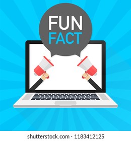 Laptop notebook computer screen. Hand holding megaphone. Fun fact text in speech bubble. Vector stock illustration.