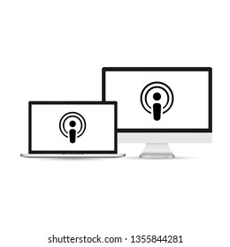 Laptop notebook computer screen. Hand holding megaphone. Podcast text in speech bubble. Vector stock illustration.