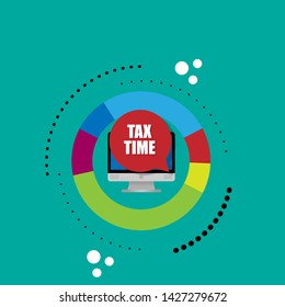 Laptop notebook computer screen and sign Tax Time.white Tax Time text in speech bubble and shadow