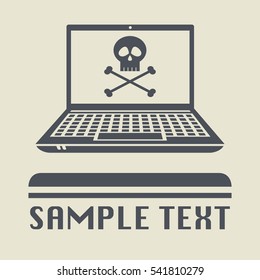 Laptop or notebook computer with skull icon or sign, vector illustration
