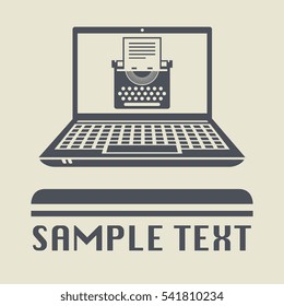 Laptop or notebook computer with typewriter icon or sign, vector illustration