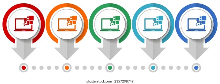 Laptop, notebook, computer vector icon set, flat design infographic template, set pointer concept icons in 5 color options for webdesign and mobile applications