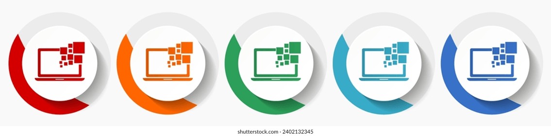 Laptop, notebook, computer vector icon set, flat icons for logo design, webdesign and mobile applications, colorful round buttons