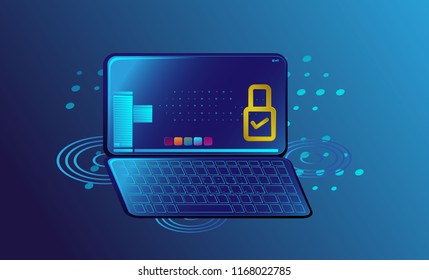 laptop or notebook with digital new smart lock and security system. Smart controls devices via wireless connection and voice commands. Background technology Internet of things security concept.