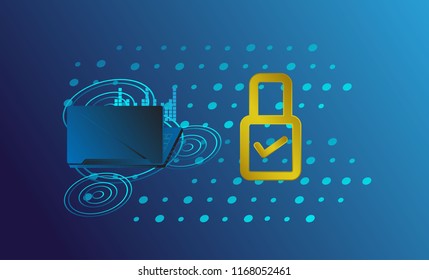 laptop or notebook with digital new smart lock and security system. Smart controls devices via wireless connection and voice commands. Background technology Internet of things security concept.