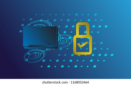 laptop or notebook with digital new smart lock and security system. Smart controls devices via wireless connection and voice commands. Background technology Internet of things security concept.