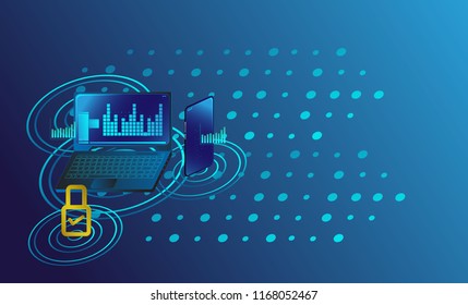 laptop or notebook with digital new smart lock and security system. Smart controls devices via wireless connection and voice commands. Background technology Internet of things security concept.