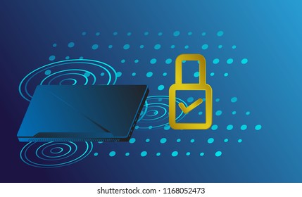 laptop or notebook with digital new smart lock and security system. Smart controls devices via wireless connection and voice commands. Background technology Internet of things security concept.