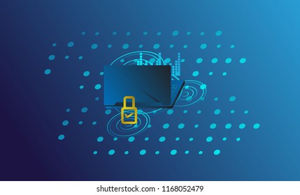 laptop or notebook with digital new smart lock and security system. Smart controls devices via wireless connection and voice commands. Background technology Internet of things security concept.
