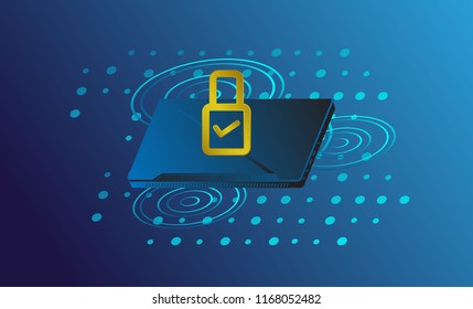 laptop or notebook with digital new smart lock and security system. Smart controls devices via wireless connection and voice commands. Background technology Internet of things security concept.