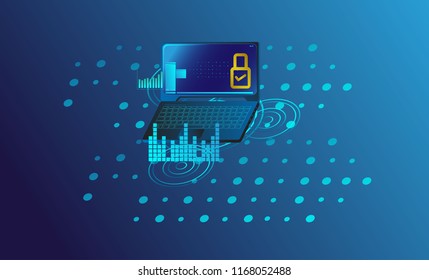 laptop or notebook with digital new smart lock and security system. Smart controls devices via wireless connection and voice commands. Background technology Internet of things security concept.