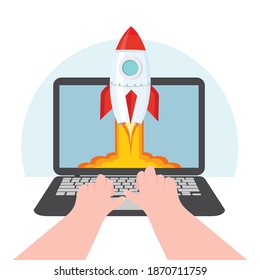 laptop notebook with hand typing working launch of startup concept