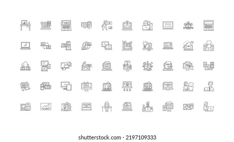 Laptop notebook ideas, linear icons, line signs set, vector collection