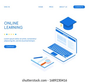 A laptop with a notebook, a magnifying glass and a pen. An online learning application has been launched on a laptop. Isometric vector illustration with web design.
