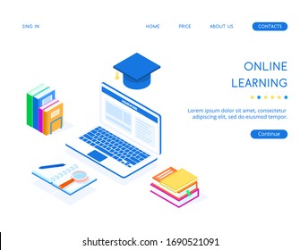 A laptop with a notebook, a magnifying glass, a pen and a stack of colorful books. An online learning application has been launched on a laptop. Isometric vector illustration with web design.