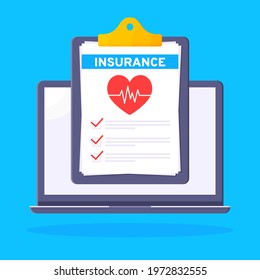 Laptop Notebook With Medical Insurance Claim Form On It, Paper Sheets, Pen Flat Style Design Vector Illustration. Concept Of Fill Out Or Online Survey Healthcare Insurance Application Form.