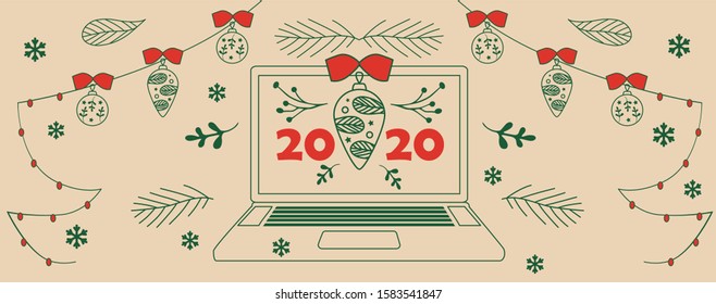 Laptop, notebook with Merry Christmas and Happy New Year email card, web page, facebook cover. Modern flat design graphic elements. Vector Xmas illustration.