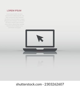 Laptop notebook with mouse cursor vector icon in flat style. Laptop screen on white isolated background. Computer monitor concept.